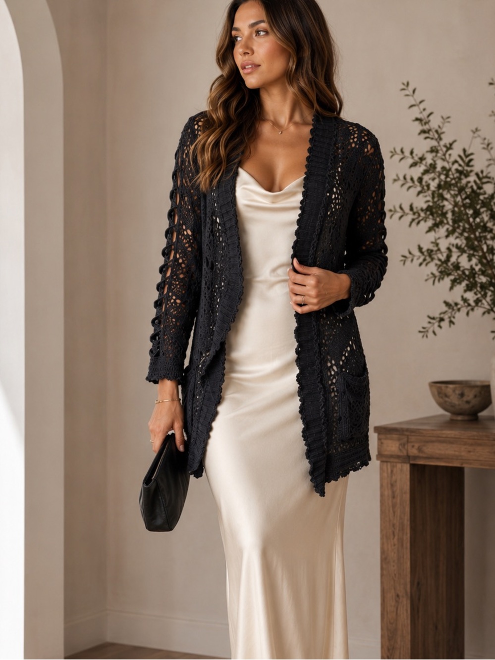 Karen Millen Black Open-Knit Crochet Cardigan with Belt